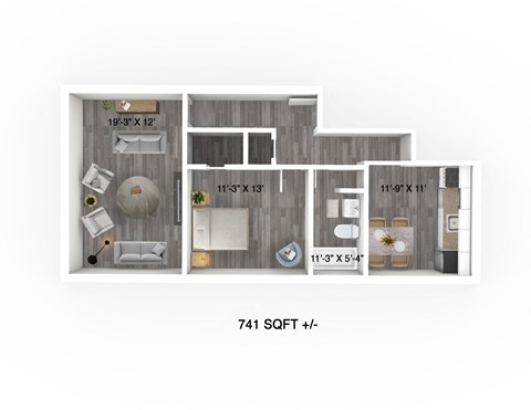 Floor plan for 1 bed, 1 bath, 593 sqft